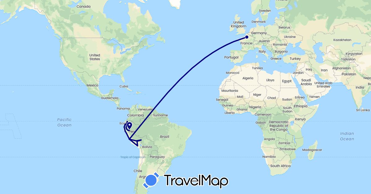 TravelMap itinerary: driving in Ecuador, France, Peru (Europe, South America)